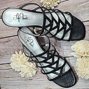 NEW LIFE STRIDE BLACK STRAPPY BLOCK HEEL SLIP-ON SANDALS